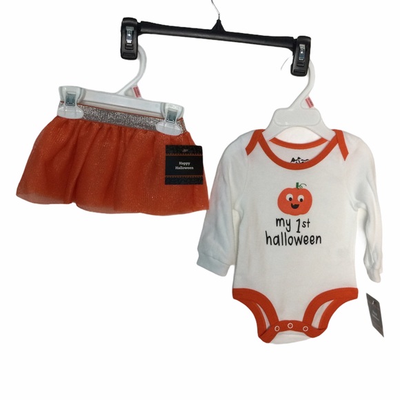 Baby Girl Halloween 0/3 Mo Onesie & Skirt Orange Tutu White Orange Black NWT - Picture 2 of 4